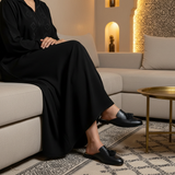 326F Noor Cuir Noir Matte Black Djellaba - L-Shaped Sofa Zellige Wall